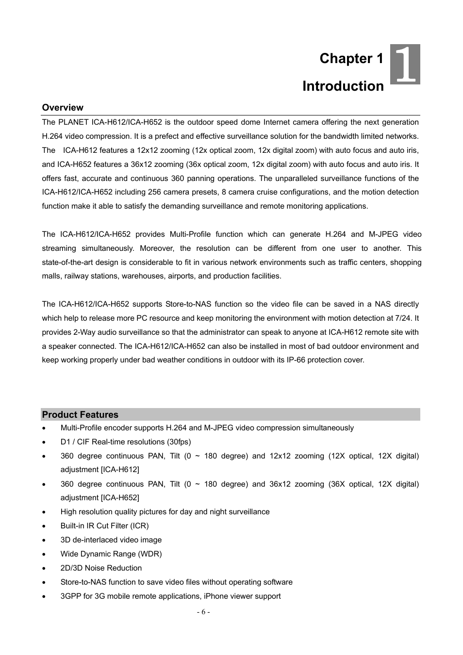 Chapter 1 introduction, Overview | PLANET ICA-H612 User Manual | Page 6 / 81