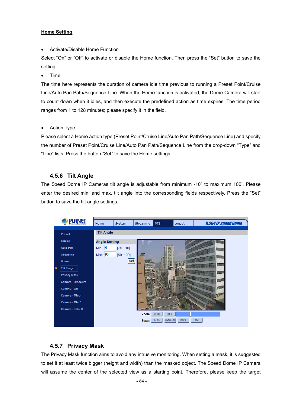 6 tilt angle, 7 privacy mask, Tilt angle | Privacy mask | PLANET ICA-H612 User Manual | Page 64 / 81
