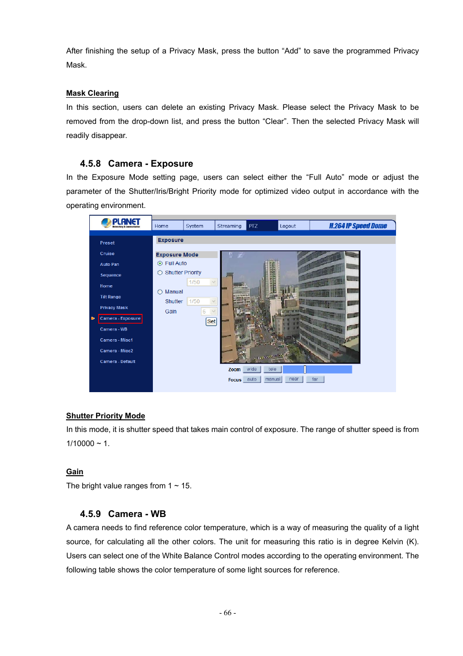 8 camera - exposure, 9 camera - wb, Camera - exposure | Camera - wb | PLANET ICA-H612 User Manual | Page 66 / 81