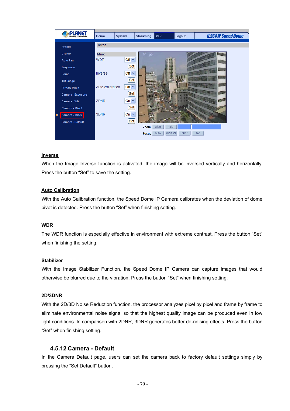 12 camera - default, Camera - default | PLANET ICA-H612 User Manual | Page 70 / 81