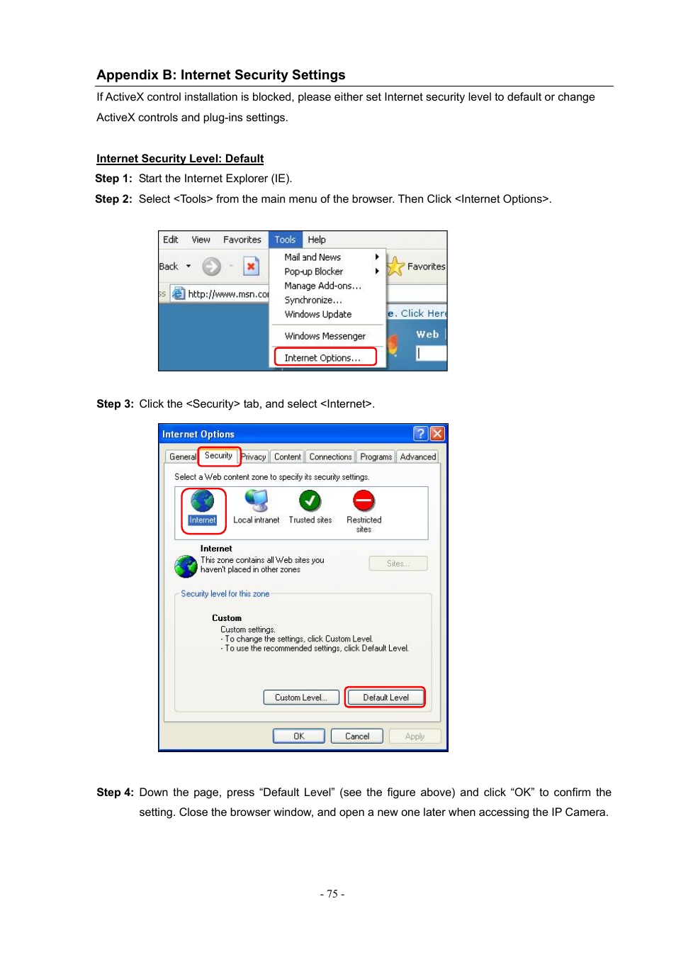 Appendix b: internet security settings | PLANET ICA-H612 User Manual | Page 75 / 81