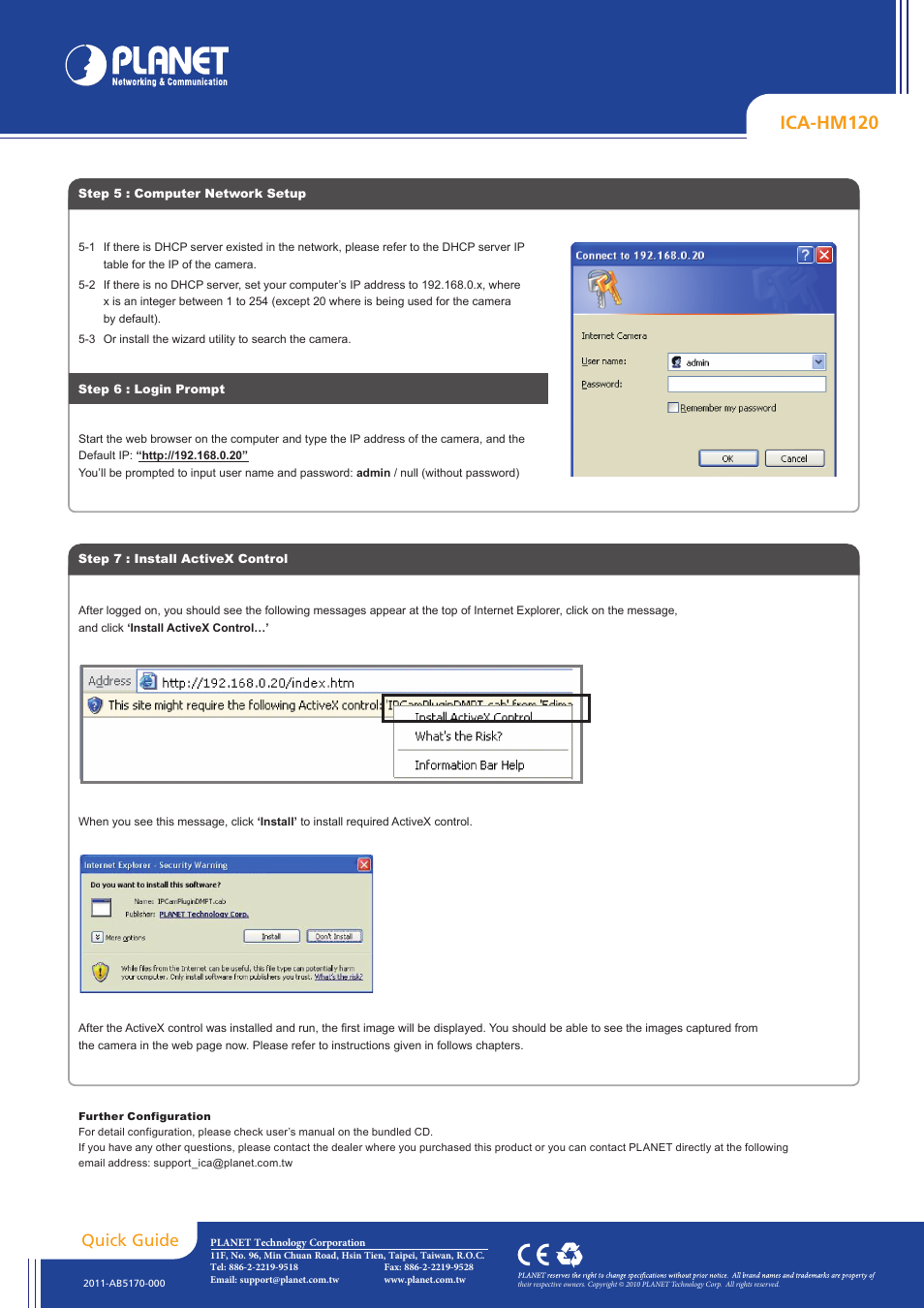 Ica-hm120, Quick guide | PLANET ICA-HM120 User Manual | Page 2 / 2