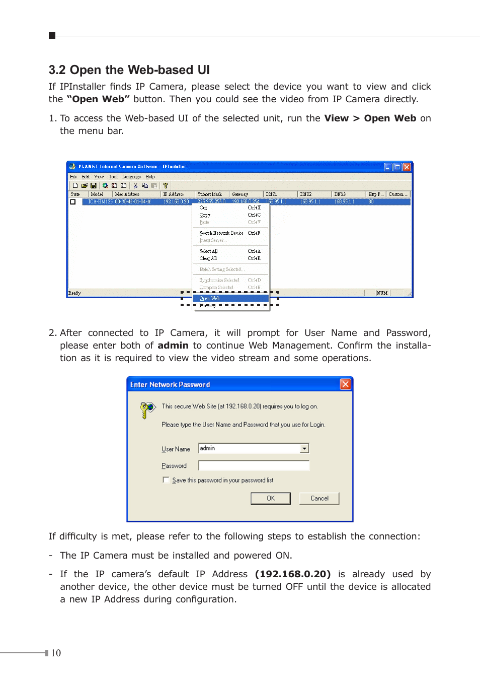 2 open the web-based ui | PLANET ICA-HM125 User Manual | Page 10 / 12