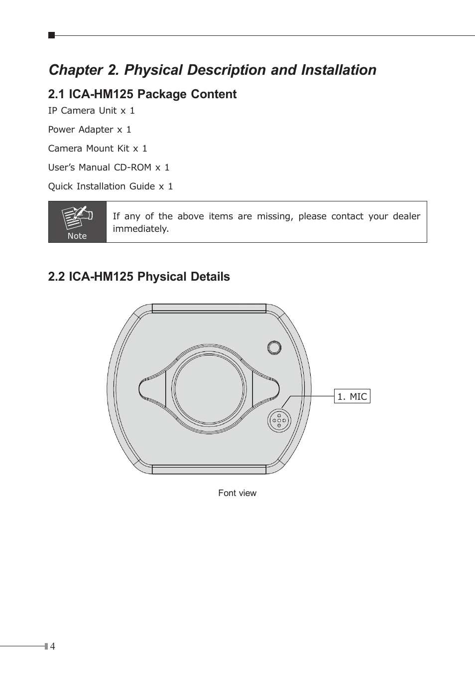 Chapter 2. physical description and installation, 1 ica-hm125 package content, 2 ica-hm125 physical details | PLANET ICA-HM125 User Manual | Page 4 / 12