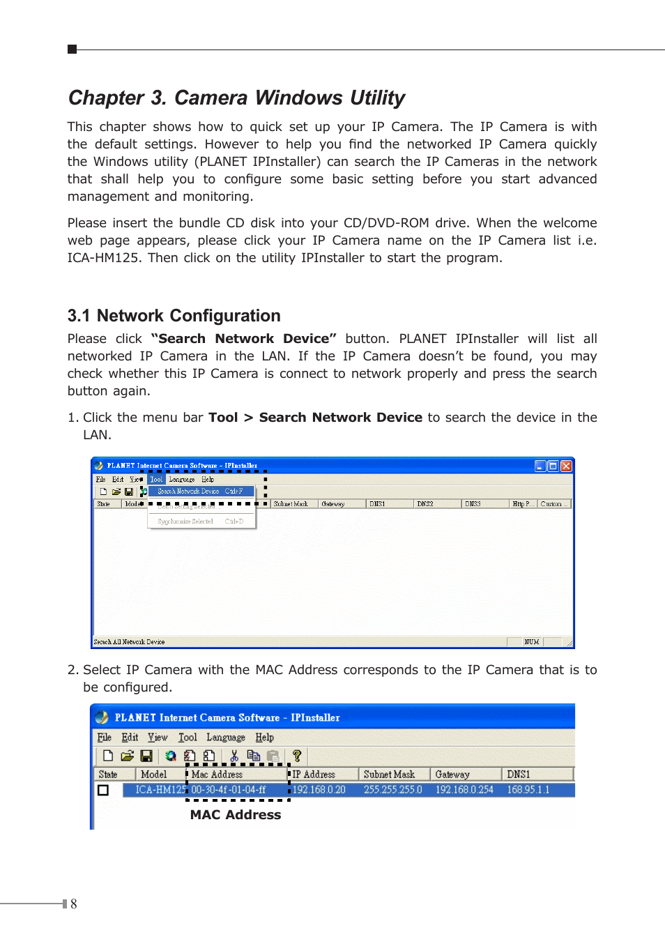 Chapter 3. camera windows utility, 1 network configuration | PLANET ICA-HM125 User Manual | Page 8 / 12