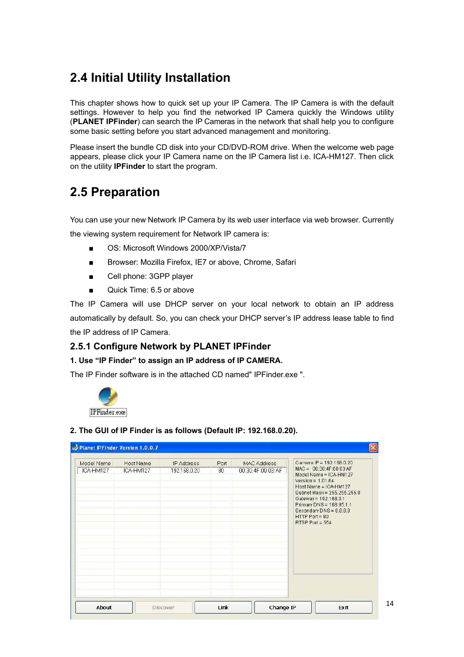 4 initial utility installation, 5 preparation, 1 configure network by planet ipfinder | PLANET ICA-HM127 User Manual | Page 15 / 73