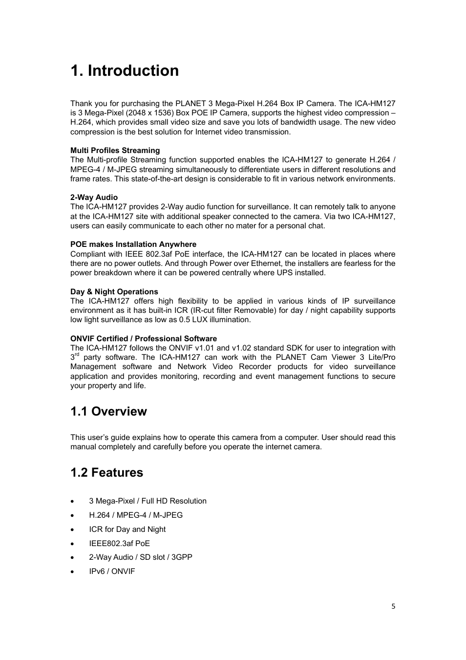 Introduction, 1 overview, 2 features | PLANET ICA-HM127 User Manual | Page 6 / 73