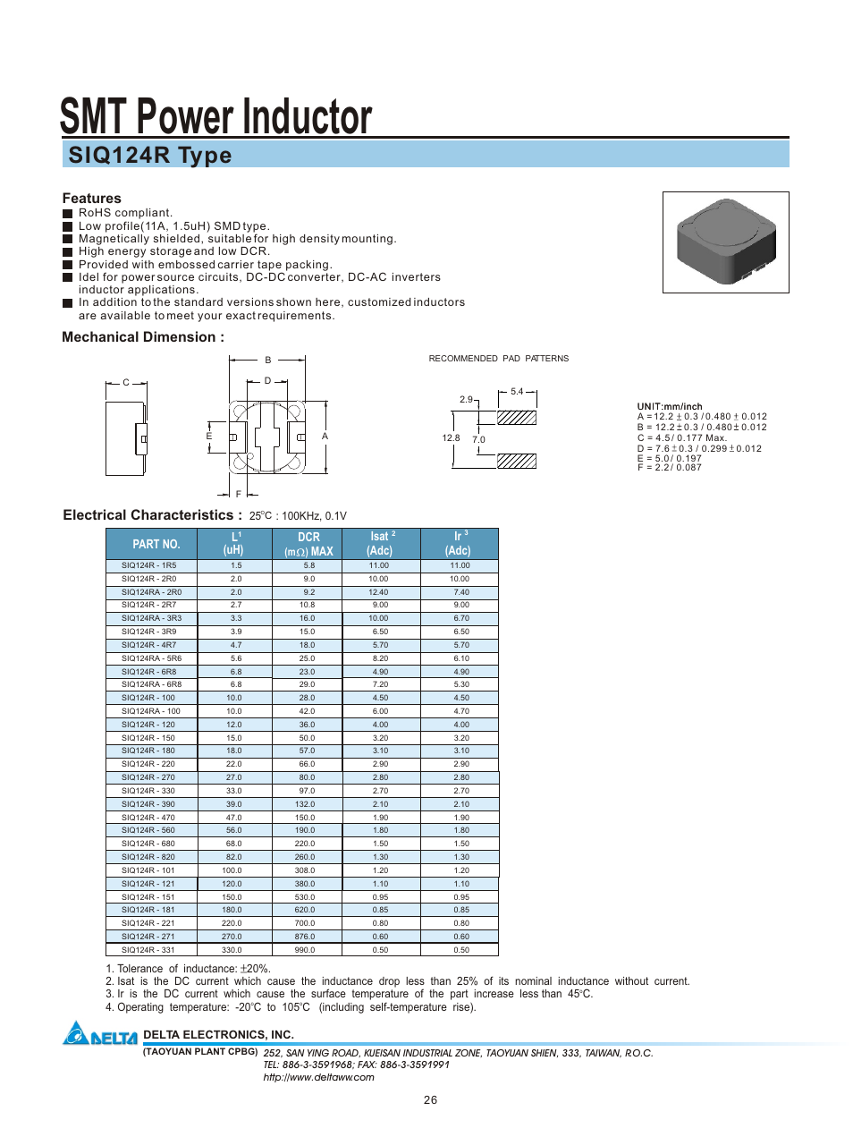 Delta Electronics SMT Power Inductor SIQ124R User Manual | 1 page