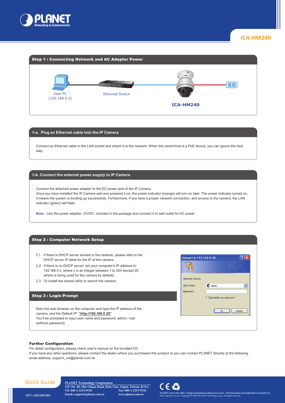 Ica-hm240, Quick guide | PLANET ICA-HM240 User Manual | Page 2 / 2