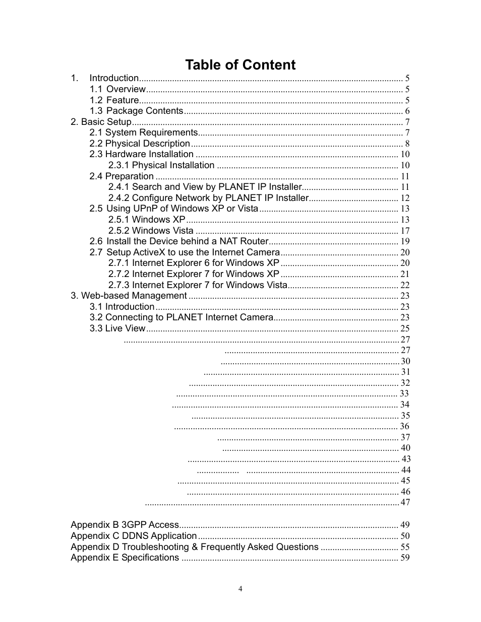 Table of content | PLANET ICA-HM315W User Manual | Page 4 / 59