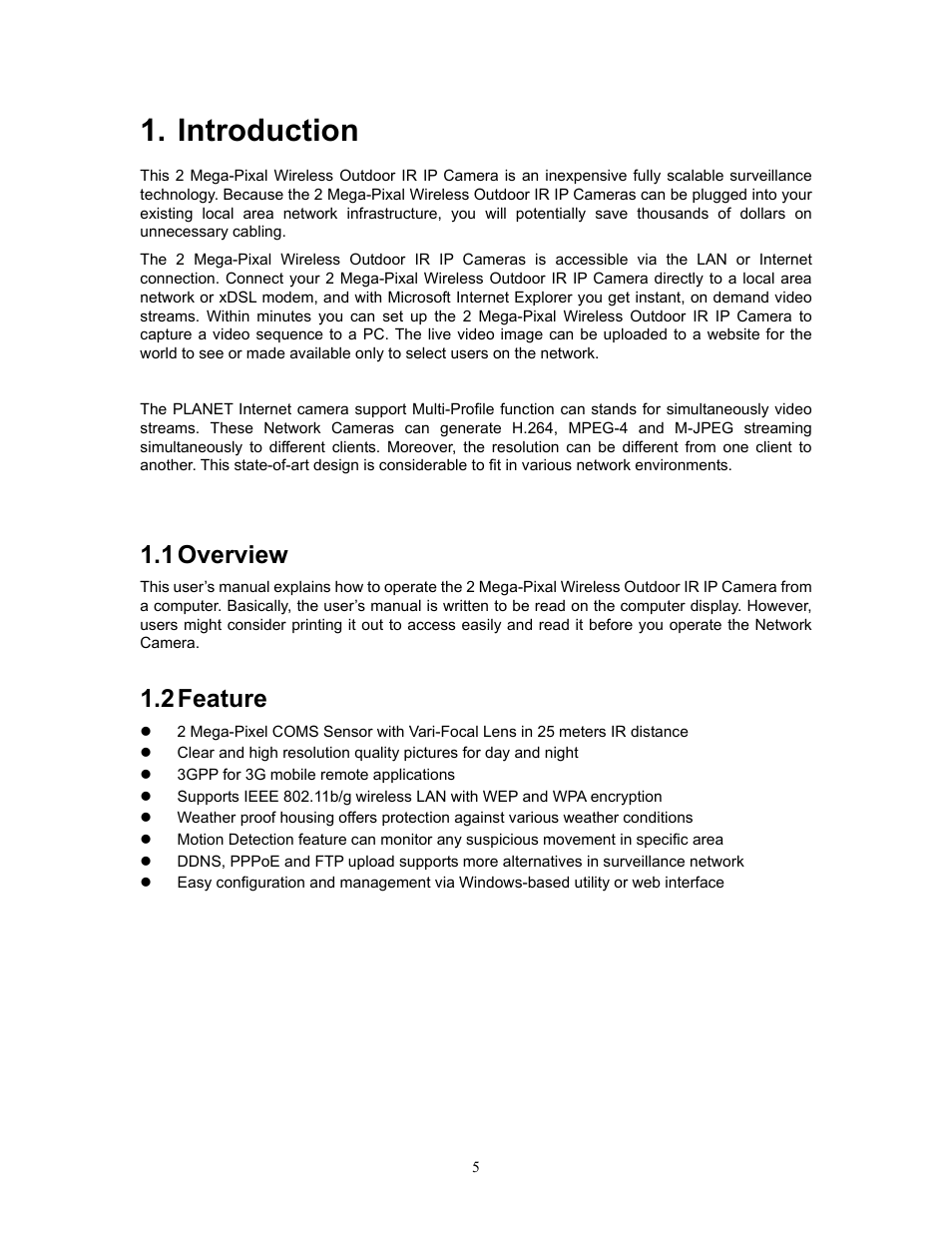 Introduction, 1 overview, 2 feature | 1 overview 1.2 feature | PLANET ICA-HM315W User Manual | Page 5 / 59