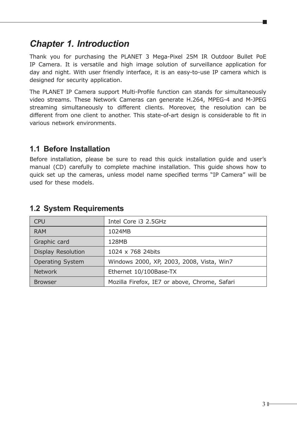 Chapter 1. introduction, 1 before installation, 2 system requirements | PLANET ICA-HM317 User Manual | Page 3 / 12