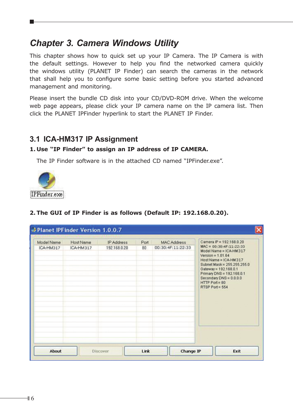 Chapter 3. camera windows utility, 1 ica-hm317 ip assignment | PLANET ICA-HM317 User Manual | Page 6 / 12