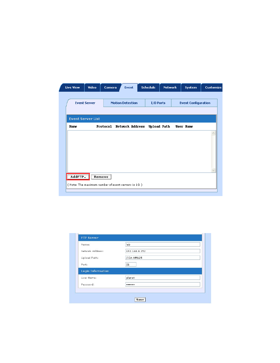 6 event configuration, 1 event server, 1 ftp server | 1 event server 3.6.1.1 ftp server | PLANET ICA-HM830 User Manual | Page 39 / 78
