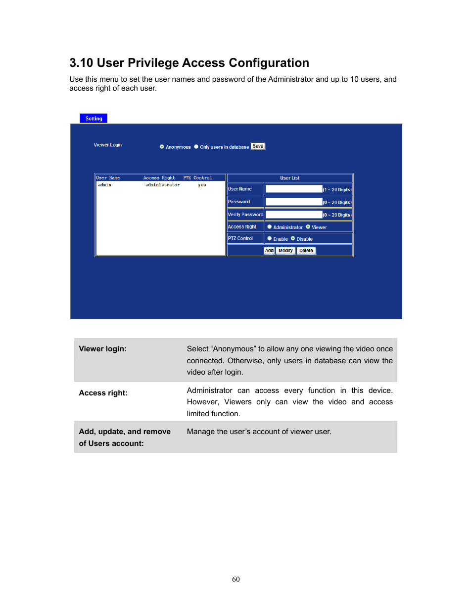 10 user privilege access configuration | PLANET IVS-H120 User Manual | Page 60 / 91