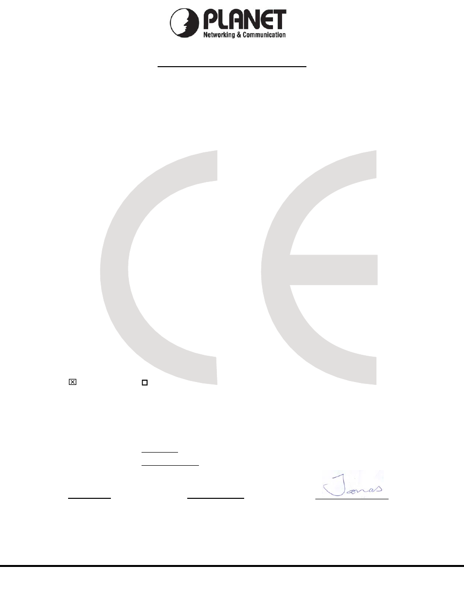 Place date legal singnatur, Ec declaration of conformity, Planet technology corporation | PLANET IVS-H120 User Manual | Page 91 / 91