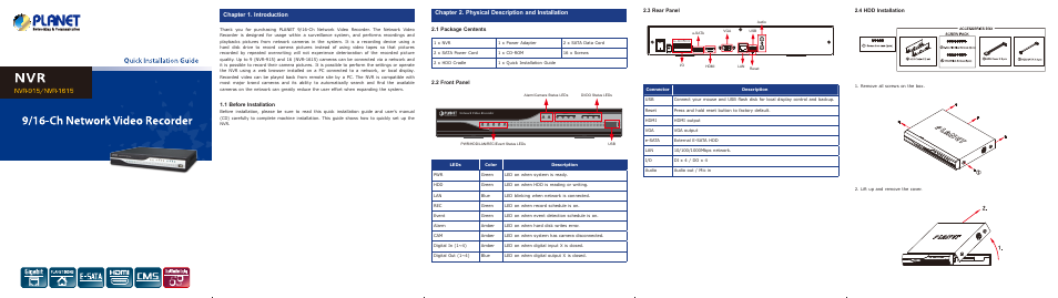 Chapter 1. introduction, Chapter 2. physical description and installation, 3 rear panel | 1 before installation, 4 hdd installation, 1 package centents, 2 front panel | PLANET NVR-1615 User Manual | Page 3 / 10