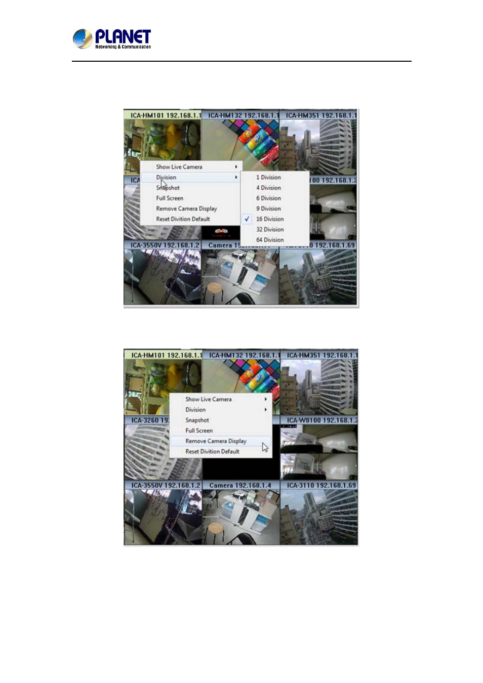 2 switch divisions, 3 remove camera display, 2 switch divisions 1.6.3 remove camera display | PLANET NVR-1615 User Manual | Page 13 / 47