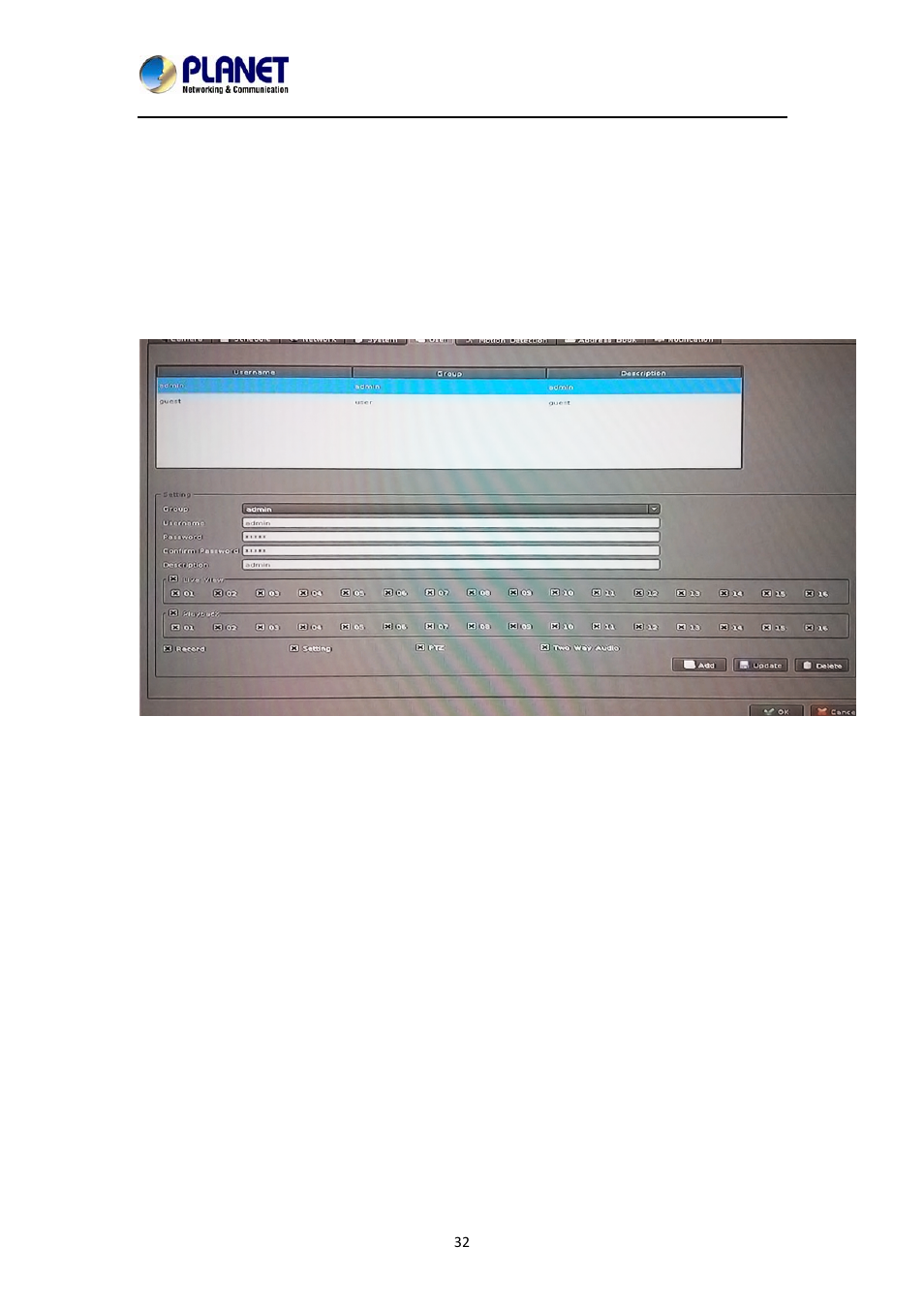 User setting | PLANET NVR-1615 User Manual | Page 32 / 57