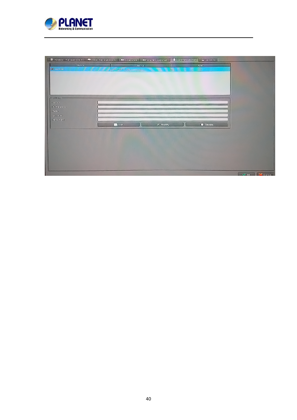Samba server | PLANET NVR-1615 User Manual | Page 40 / 57