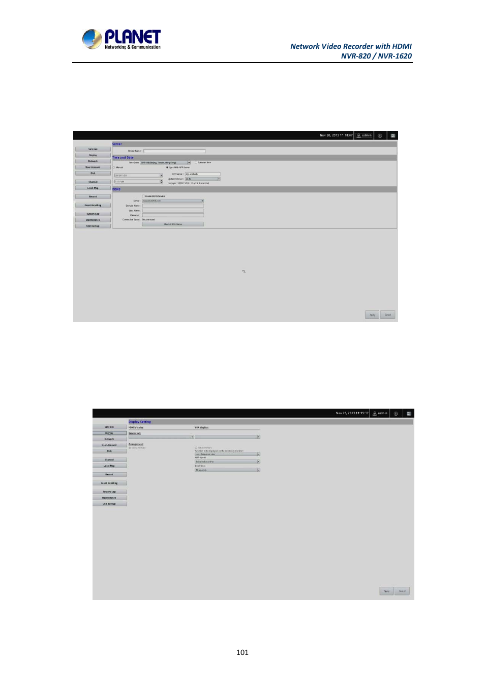Chapter 12. nvr local interface, 1 system configuration, 1 service | 2 display, System configuration, 1 service 12.1.2 display, Chapter 12 | PLANET NVR-1620 User Manual | Page 101 / 138