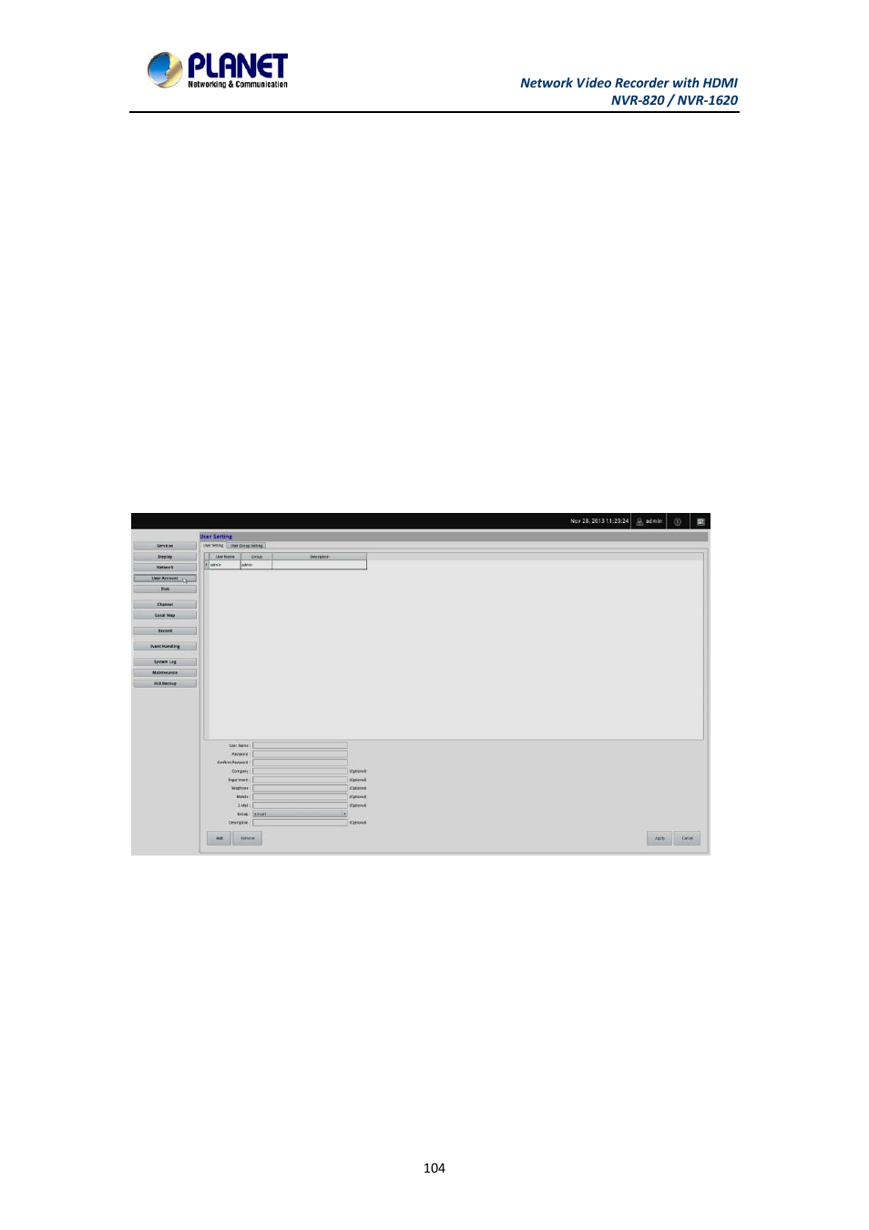 4 user account -- user setting | PLANET NVR-1620 User Manual | Page 104 / 138