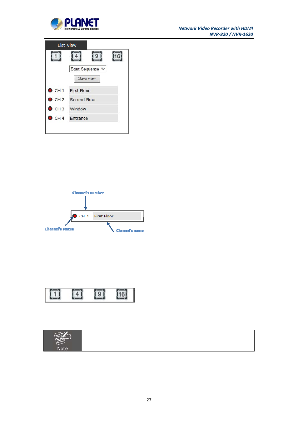 1 pattern view, 2 sequence viewing, Pattern view | Sequence viewing | PLANET NVR-1620 User Manual | Page 27 / 138