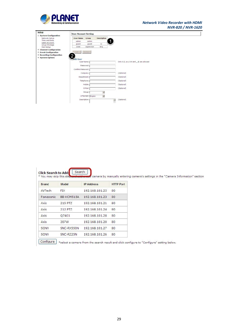 6 camera installation, 1 adding a camera -- automatic search, Camera installation | Adding a camera -- automatic search | PLANET NVR-1620 User Manual | Page 29 / 138