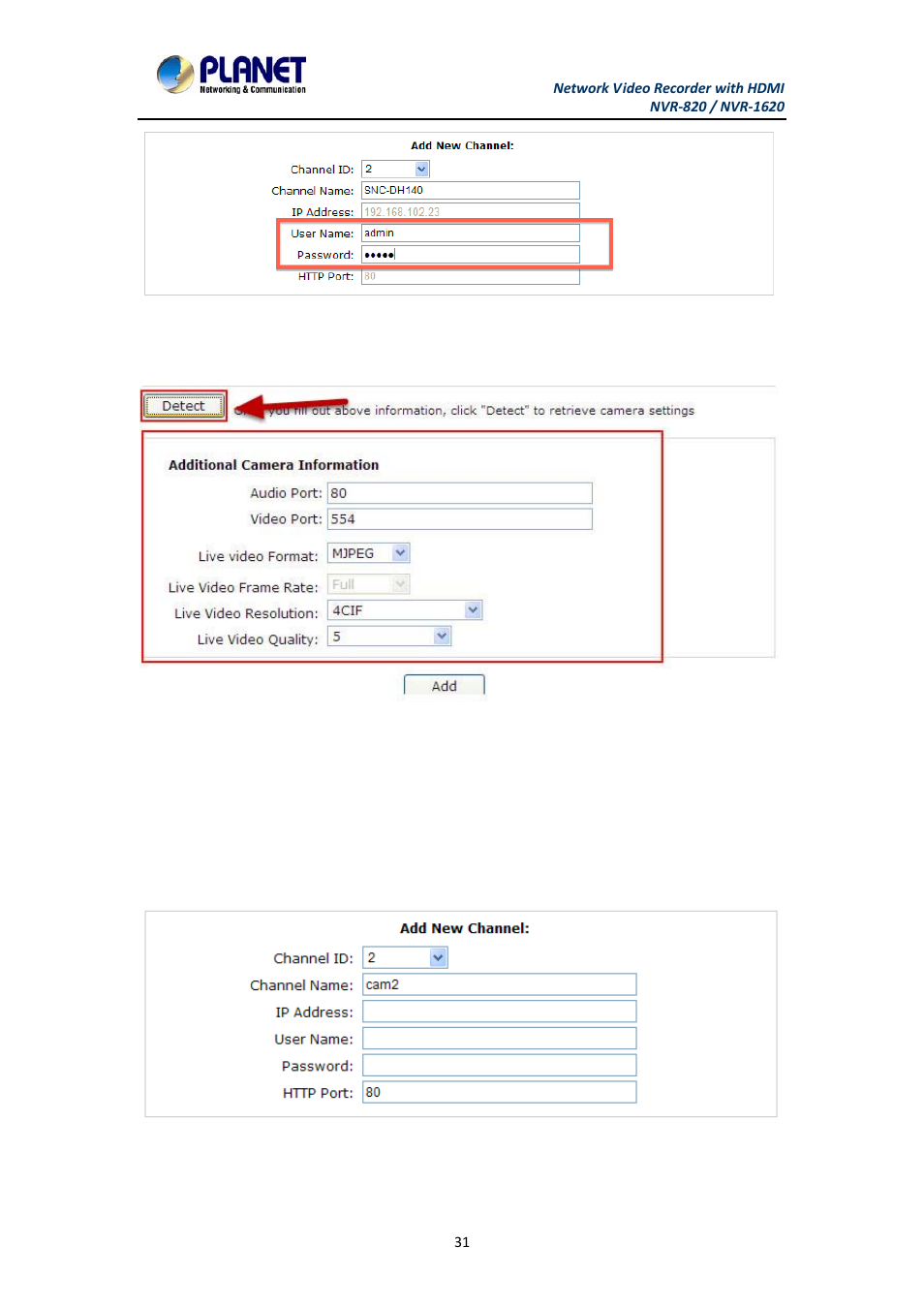 2 adding a camera manually, Adding a camera manually | PLANET NVR-1620 User Manual | Page 31 / 138