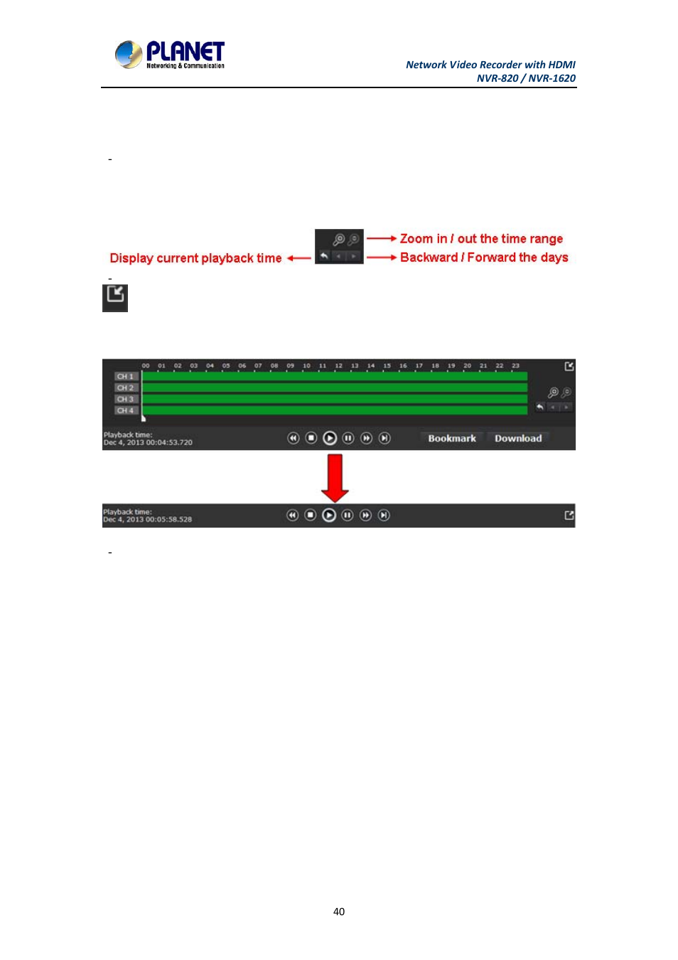 2 the main layout for playback, The main layout for playback | PLANET NVR-1620 User Manual | Page 40 / 138