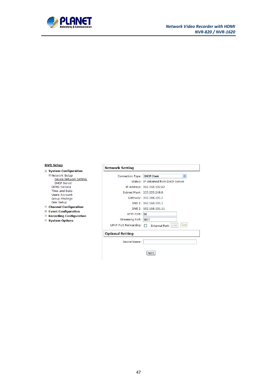 Chapter 7. nvr setup – system configurations, 1 network setup, 1 network settings | Network setup, Network settings, Chapter 7 | PLANET NVR-1620 User Manual | Page 47 / 138