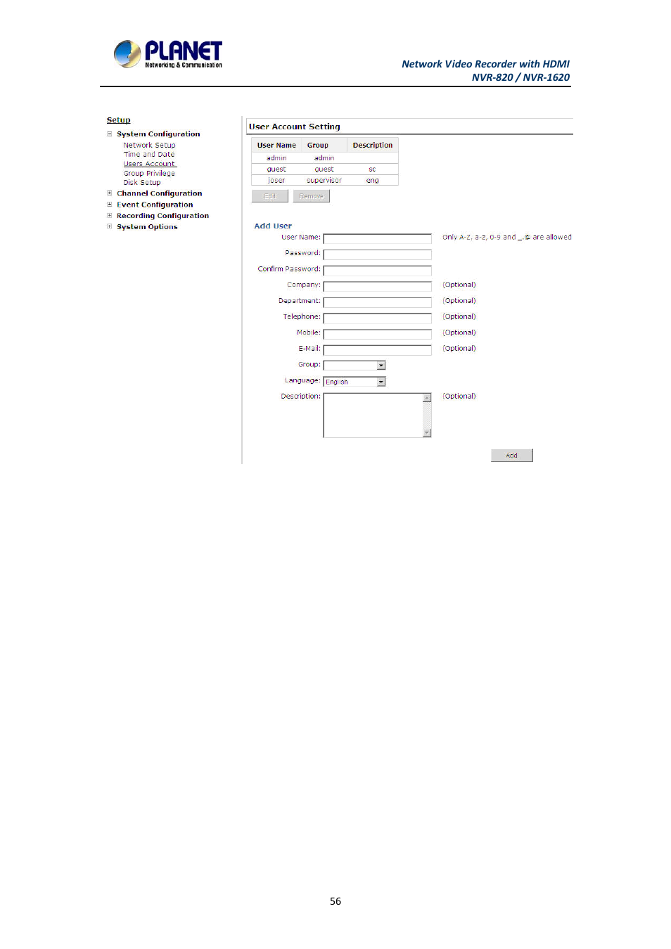 3 user account, User account | PLANET NVR-1620 User Manual | Page 56 / 138