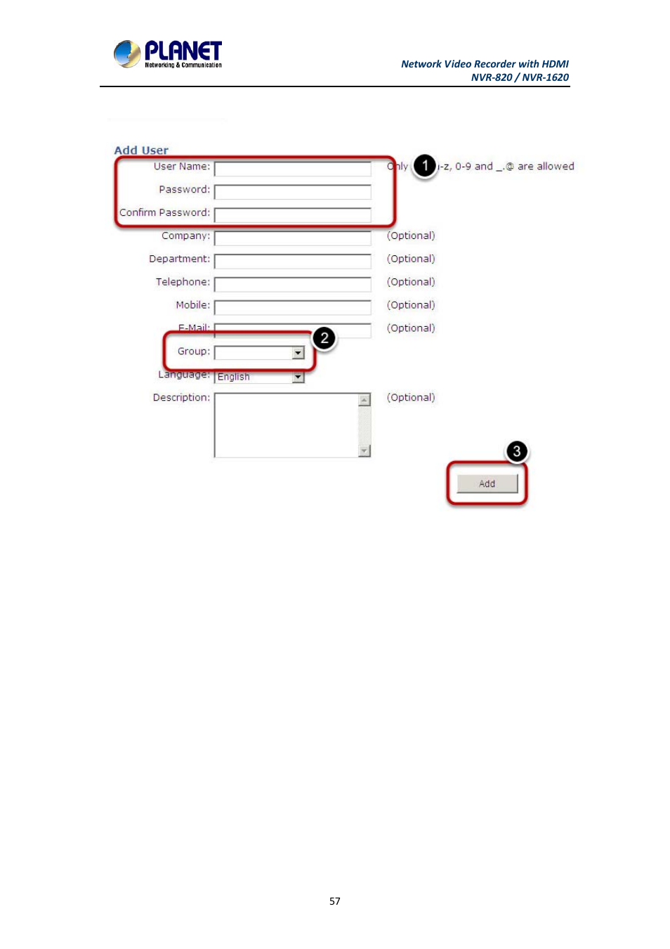 1 adding a new user, Adding a new user | PLANET NVR-1620 User Manual | Page 57 / 138