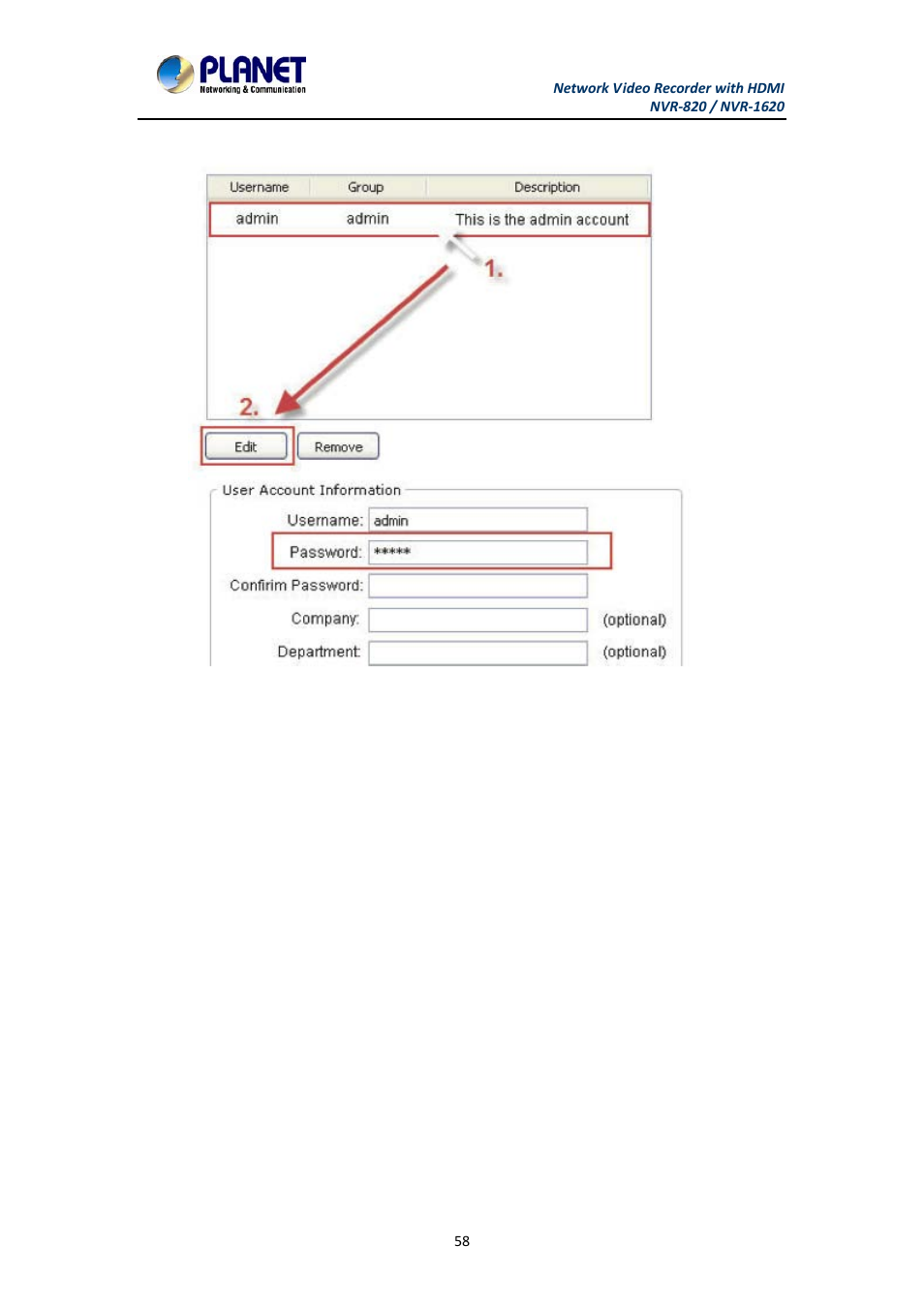 2 changing the password of the “admin” account, 4 group privilege, Changing the password of the “admin” account | Group privilege | PLANET NVR-1620 User Manual | Page 58 / 138