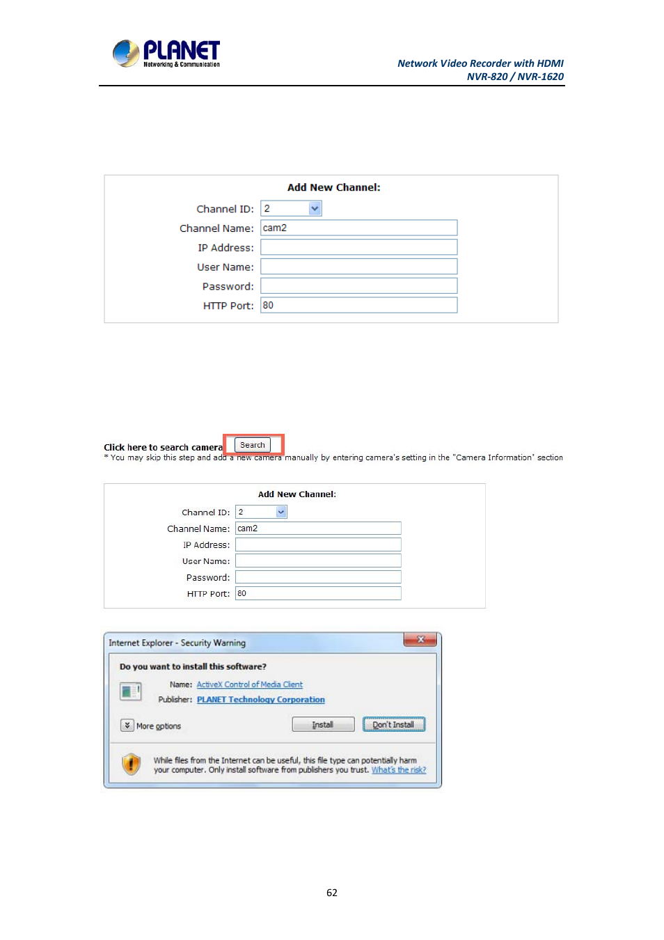 Chapter 8. nvr setup -- channel configurations, 1 adding a camera, 1 automatic search | Adding a camera, Automatic search, Chapter 8 | PLANET NVR-1620 User Manual | Page 62 / 138