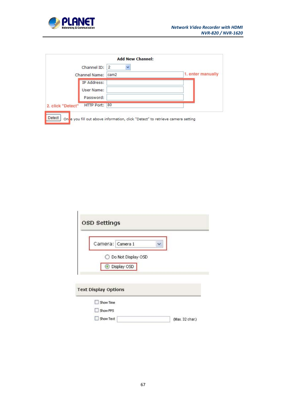 2 adding a camera manually, 2 osd settings, Adding a camera manually | Osd settings | PLANET NVR-1620 User Manual | Page 67 / 138