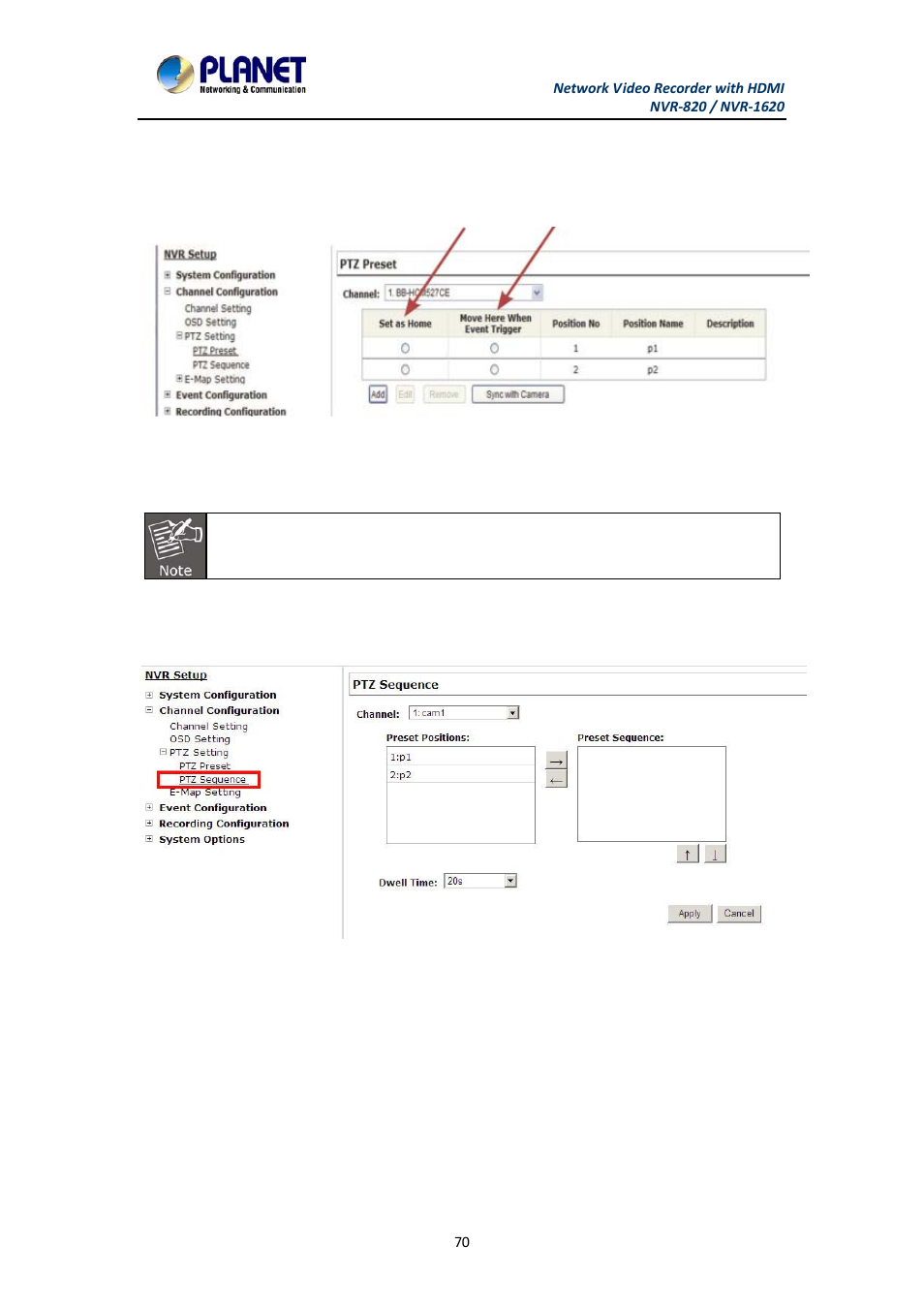 2 ptz preset sequence, Ptz preset sequence | PLANET NVR-1620 User Manual | Page 70 / 138