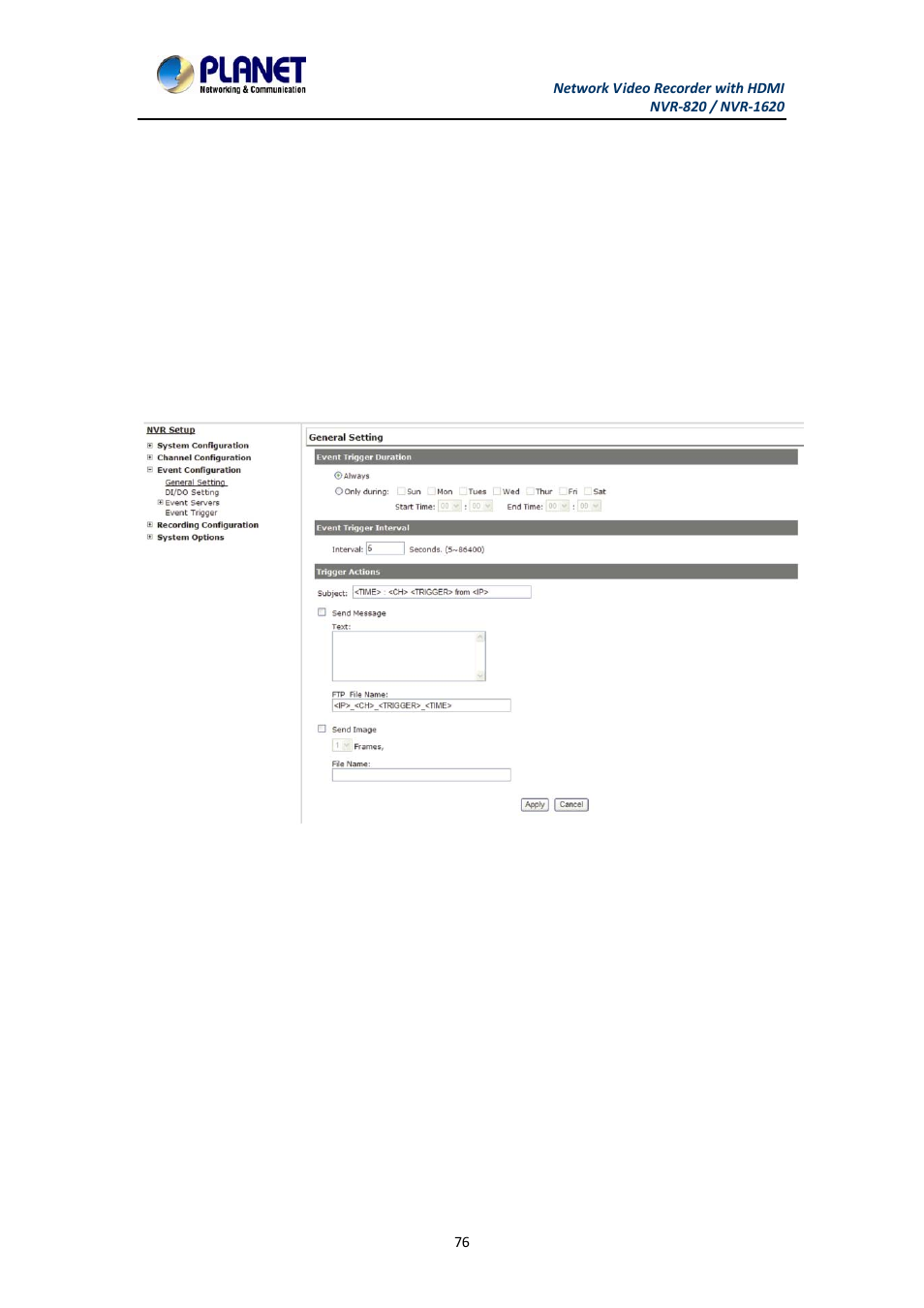 Chapter 9. nvr setup -- event configurations, 1 event configuration, 1 general settings | Event configuration, General settings, Chapter 9 | PLANET NVR-1620 User Manual | Page 76 / 138