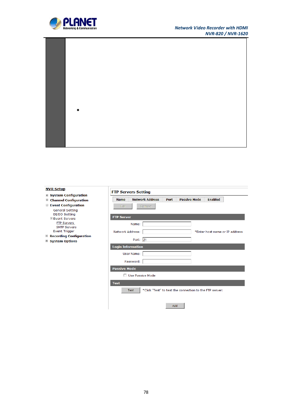 3 event servers, 1 configuring an ftp server, Event servers | Configuring an ftp server | PLANET NVR-1620 User Manual | Page 78 / 138