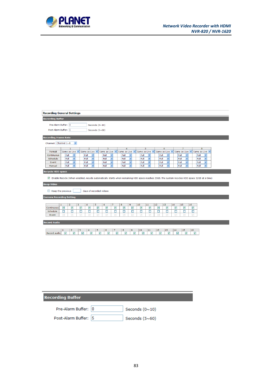 Chapter 10. nvr setup -- recording configurations, 1 general settings, General settings | Chapter 10 | PLANET NVR-1620 User Manual | Page 83 / 138