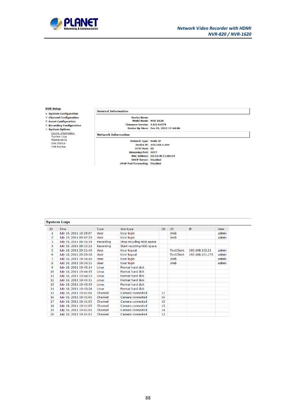 Chapter 11. nvr setup -- system options, 1 device information, 2 logs and reports | Device information, Logs and reports, Chapter 11 | PLANET NVR-1620 User Manual | Page 88 / 138