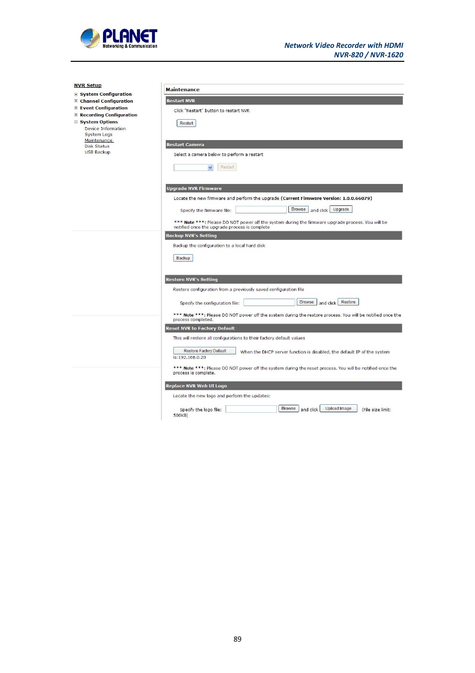 3 maintenance, 1 firmware upgrade, Maintenance | PLANET NVR-1620 User Manual | Page 89 / 138