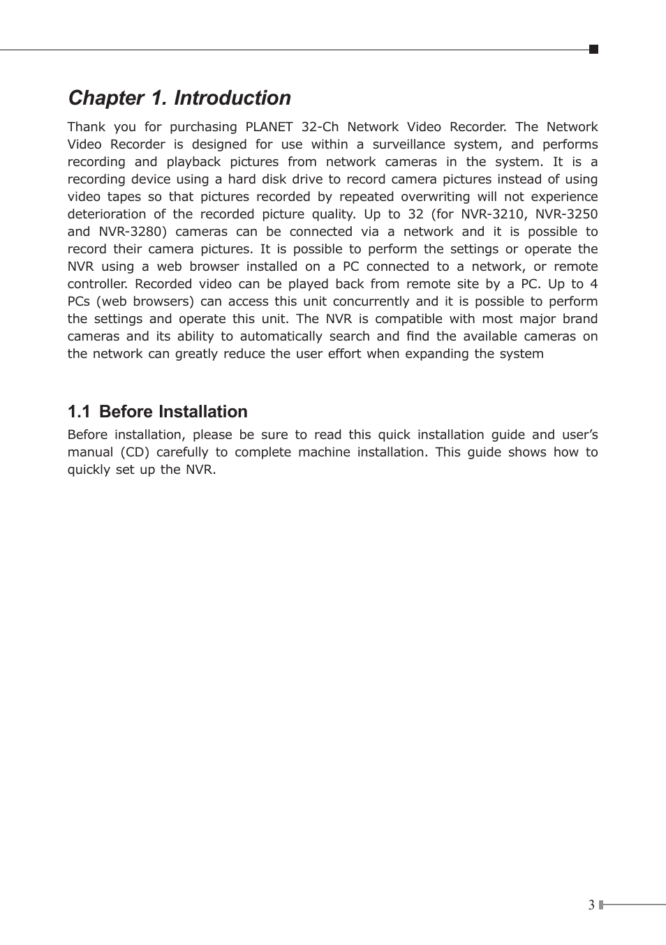 Chapter 1. introduction, 1 before installation | PLANET NVR-3210 User Manual | Page 4 / 20