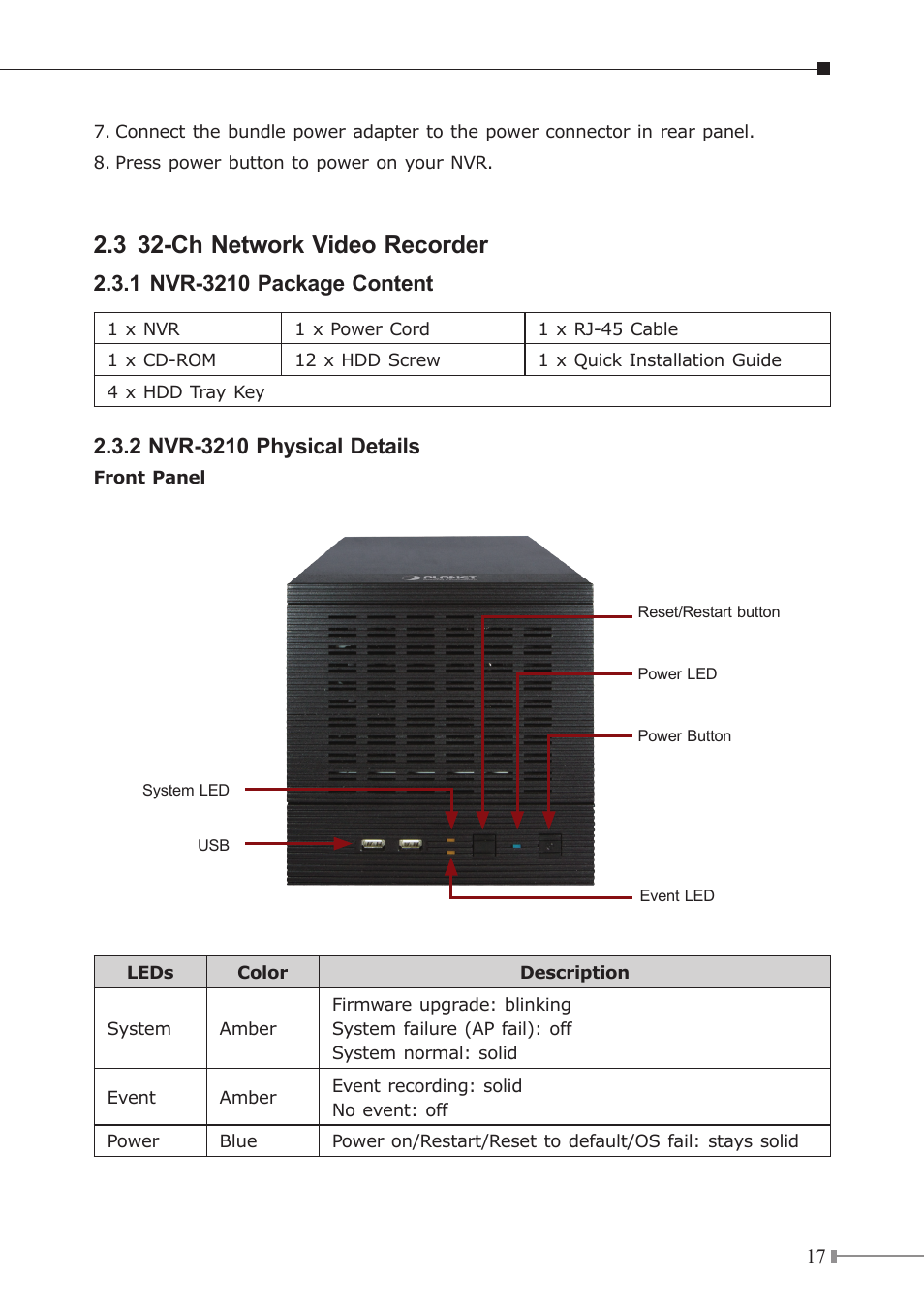 3 32-ch network video recorder, 1 nvr-3210 package content, 2 nvr-3210 physical details | PLANET NVR-3210 User Manual | Page 17 / 28