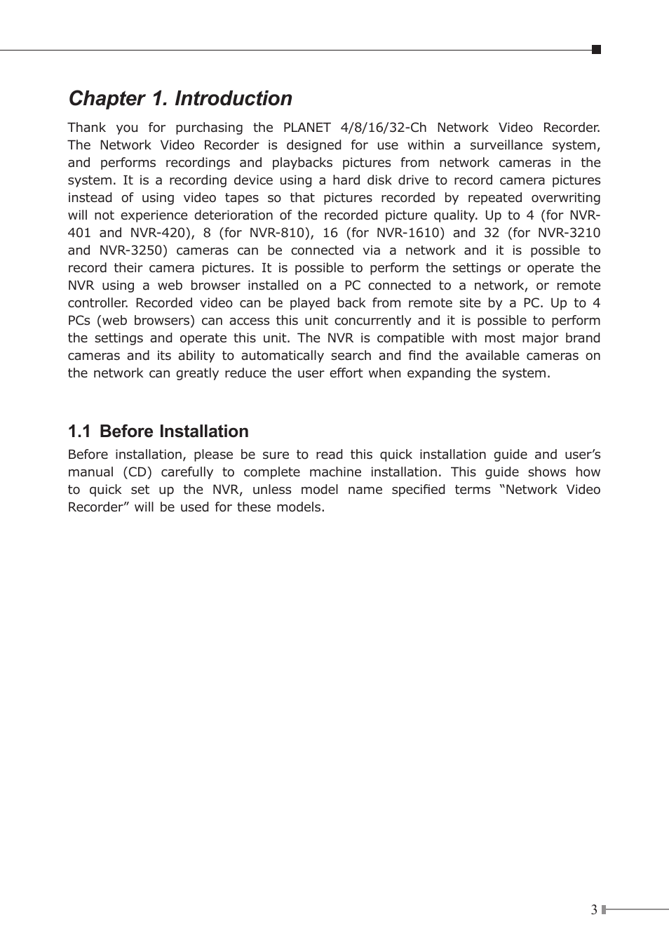 Chapter 1. introduction, 1 before installation | PLANET NVR-3210 User Manual | Page 3 / 28