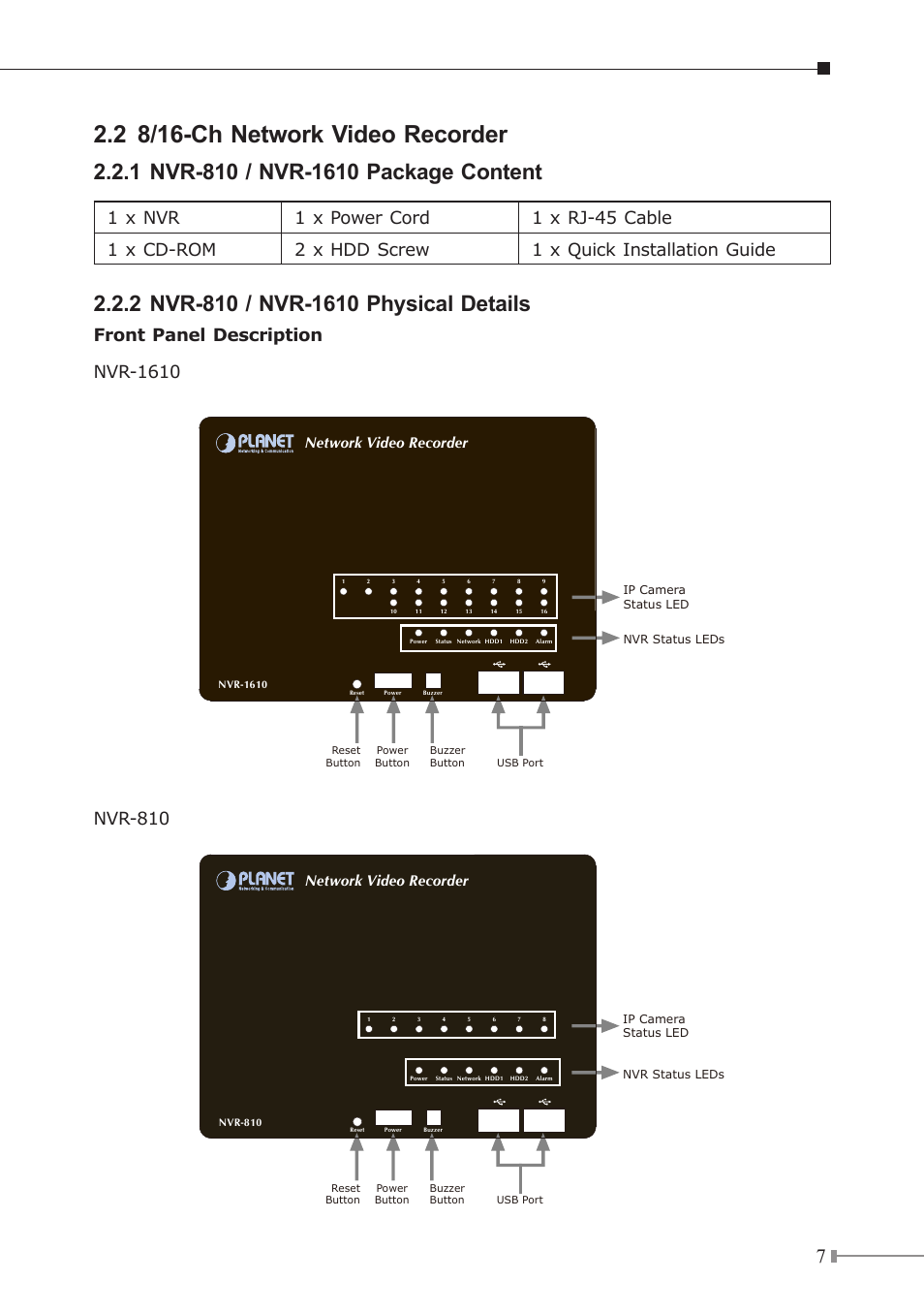 2 8/16-ch network video recorder, Front panel description nvr-1610, Nvr-810 | Network video recorder | PLANET NVR-3210 User Manual | Page 7 / 16