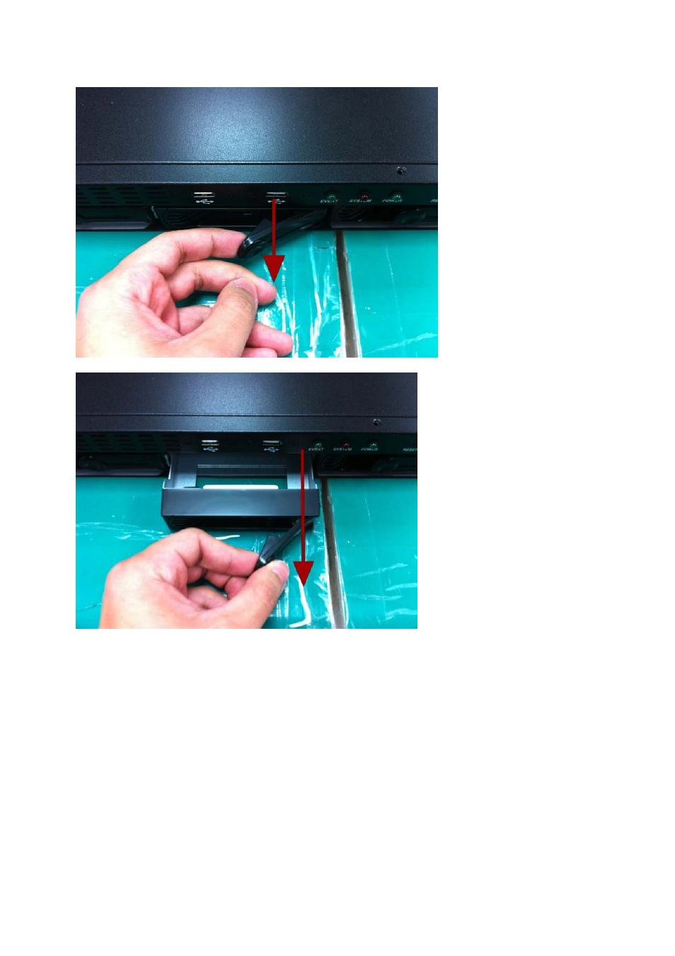 Push the tray door back to the case to secure it, Remove the hdd tray by pulling the latch | PLANET NVR-3250 User Manual | Page 11 / 74