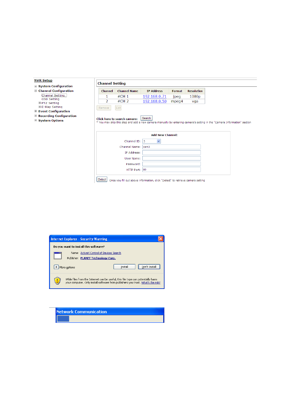 2 channel configurations, 1 add a camera, Hannel | Onfigurations | PLANET NVR-3250 User Manual | Page 49 / 74