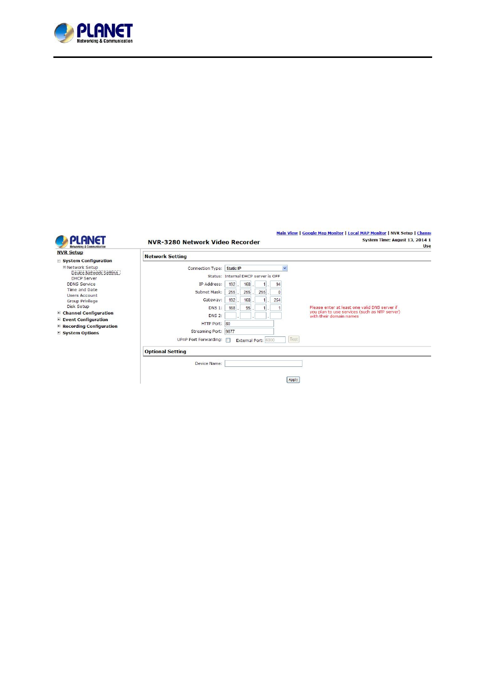 System setup, 1 system configurations, 1 network settings | Ystem, Onfigurations | PLANET NVR-3280 User Manual | Page 41 / 80