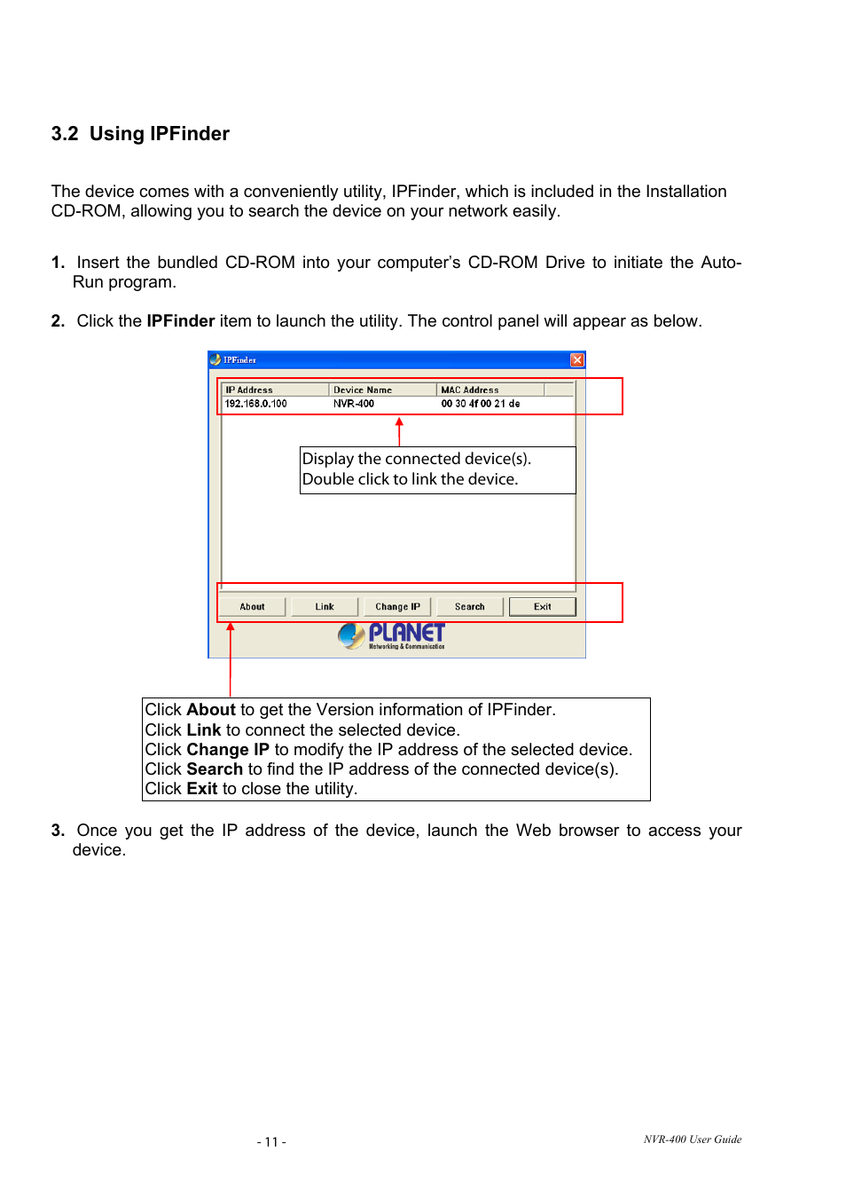2 using ipfinder, Sing, Inder | PLANET NVR-400 User Manual | Page 12 / 43